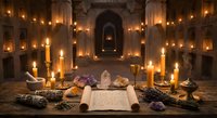 Ancient mystical ritual setup with candles, crystals, herbs and scroll in atmospheric stone chamber with warm candlelight for spiritual ceremonies.