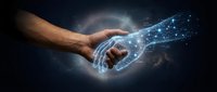 Human hand releasing glowing digital particles and data streams, representing technology transfer, innovation, and digital transformation in business and communication.