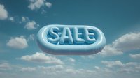 Inflatable blue sale text floating in cloudy sky, promotional advertising concept for retail and seasonal discounts. Marketing design element on sky background.