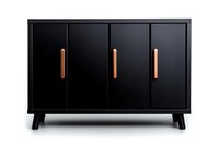 Modern black sideboard cabinet with wooden handles on splayed legs against white background, minimalist furniture design for contemporary interiors.