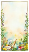 Watercolor culinary frame with herbs, kitchen utensils, lemons, and bowls, featuring a blank center for recipe cards or menu design.