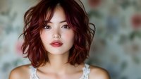 Young Asian woman with wavy red hair and natural makeup against floral background, perfect for beauty, fashion, and lifestyle content.