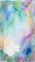 Watercolor gradient background with soft blending of turquoise, purple, yellow, and green hues, framed by ornate gold decorative borders. Isolated on white space, ready for invitations, cards, and design projects.