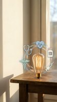 Vintage Edison bulb on wooden table with floating medical icons representing healthcare innovation and bright ideas in warm natural light.