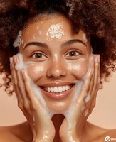 Young African American woman with natural curly hair smiling while washing face with foam cleanser, showing glowing skin and genuine happiness in skincare routine.