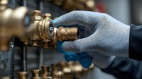 Close-up of plumber hands in protective gloves working with brass pipe fittings and valves during maintenance or installation of plumbing system.