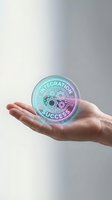 Human hands holding glowing holographic integration success badge with gears and circuit patterns for business achievement and teamwork concepts.