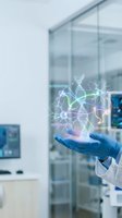 Scientist in blue gloves holding holographic DNA double helix with molecular structure in modern laboratory for genetic research and biotechnology innovation.