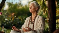 Senior woman with gray hair meditating in garden setting, wearing ethnic jewelry and light clothing, enjoying peaceful moment in nature.