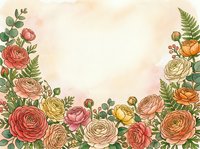 Watercolor floral border with ranunculus blooms in pink, coral, and yellow tones on a soft peach background with copy space.
