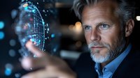 Senior Caucasian businessman with gray beard analyzing holographic digital brain data visualization in modern office environment for AI technology concepts.
