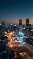 Hand holding glowing uptime guarantee badge over blurred city skyline at dusk for business reliability and service quality concepts.