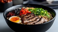 Steaming bowl of ramen noodles with sliced chashu pork, soft-boiled egg, green onions, and red chili garnish in black ceramic bowl against dark background.