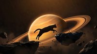 Silhouette of astronaut floating in space against Saturn planet backdrop with glowing rings and rocky asteroids in cosmic scene for sci-fi projects.