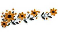 Yellow sunflowers with dark centers and green leaves arranged in curved branch composition on white background, isolated floral design element for decoration.