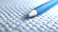 Blue metallic pencil on white textured surface with selective focus and soft bokeh effect, creating minimalist composition for business and education concepts.