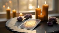 Mystical tarot card glowing with golden light surrounded by burning candles and amethyst crystals on dark slate surface creating magical spiritual atmosphere.