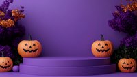 Purple podium display with carved pumpkins and autumn flowers creating spooky Halloween atmosphere for product placement on vibrant violet background.