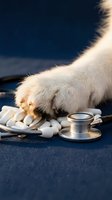 White fluffy dog paw touching stethoscope and medical supplies on blue background. Veterinary care, pet health checkup, and animal wellness concept for healthcare design.