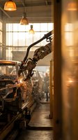 Industrial robotic arm welding with bright sparks in modern factory workshop with warm lighting for manufacturing and automation concepts.