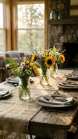 Rustic dining table set with sunflower bouquets in glass vases, wooden plates and linen runner in cozy farmhouse interior with stone fireplace.