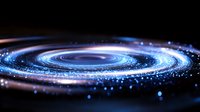 Luminous spiral galaxy with glowing blue particles swirling in cosmic space against dark background, creating mesmerizing astronomical effect.