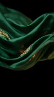 Luxurious emerald green silk fabric with golden accents flowing elegantly against dark background for premium fashion and textile design projects.