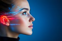 Profile view of woman with glowing red and blue light patterns on face against dark blue background, representing digital technology concept.