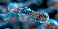 Microscopic view of glowing bacteria cell in blue and orange tones showing detailed structure and movement pattern against dark background. Scientific research concept.