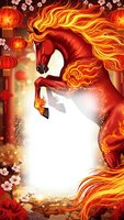 Red fire horse with flowing golden mane surrounded by Chinese lanterns and cherry blossoms creating festive frame for lunar new year celebrations.