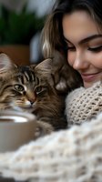 Young woman cuddling with tabby cat at home, cozy moment of pet owner bonding with feline companion in warm knitted sweater for lifestyle content.