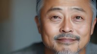 Mature Asian man with grey hair and facial hair smiling warmly at camera against dark background, expressing confidence and wisdom in professional headshot portrait.
