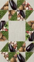 Fresh organic vegetables arranged in geometric pattern with eggplants, potatoes, radishes and microgreens on neutral linen background for healthy cooking.