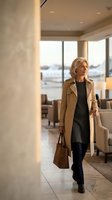 Elegant senior businesswoman walking through modern airport lounge with luggage, wearing beige trench coat for business travel and corporate lifestyle.