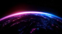 Glowing curved horizon of Earth at night with vibrant pink and blue light effects showing city lights and atmospheric glow against dark space background.