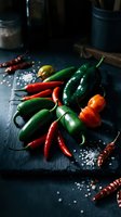Assorted fresh and dried chili peppers on dark slate board with sea salt, moody food photography for culinary blogs and menus.