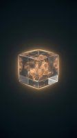 Glowing cube with golden particles and light effects suspended in dark space, suitable for technology, innovation, and abstract design projects.