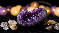 Amethyst crystal geode with purple quartz clusters surrounded by raw citrine stones on dark velvet, spiritual healing and meditation concept.