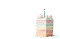 Pastel rainbow layered cake slice with whipped cream frosting and blue birthday candle on white background, minimalist celebration dessert composition.