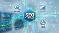 Digital SEO strategy concept with keywords analytics and traffic growth icons connected by glowing network lines on futuristic technology background.