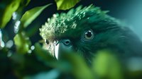 Mysterious green parrot close-up portrait showing intense eye and beak detail among tropical foliage with soft bokeh background lighting effects.