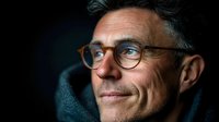 Middle-aged Caucasian man with glasses and teal scarf looking up thoughtfully against dark background for business and lifestyle concepts.