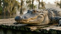 Large American alligator resting on wooden dock in natural swamp habitat with Spanish moss trees in soft sunlight for wildlife and nature photography.