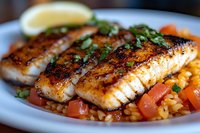 Grilled salmon fillet with blackened seasoning served on bed of Spanish rice with fresh tomatoes, herbs and lemon wedge garnish, close up view of gourmet seafood dish.