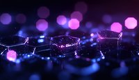 Glowing blockchain network nodes connected by luminous lines against dark background with purple bokeh lights creating futuristic technological atmosphere.