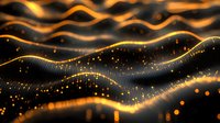 Abstract wavy lines with glowing golden particles floating in dark space create dynamic flowing motion effect against black background.