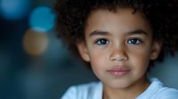 Young mixed race child with curly afro hair and striking blue eyes wearing white shirt against blurred bokeh background, gentle smile expressing innocence and joy.
