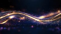 Magical glowing golden waves with sparkles and light particles flowing on dark background, creating dynamic motion effect for festive designs.