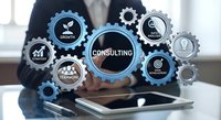 Business consulting concept with interconnected gears showing strategy, growth, and teamwork icons over professional workspace with tablet technology.
