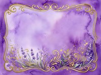 Lavender flowers with ornate golden frame on purple watercolor background, suitable for invitations, greeting cards, and decorative design projects.